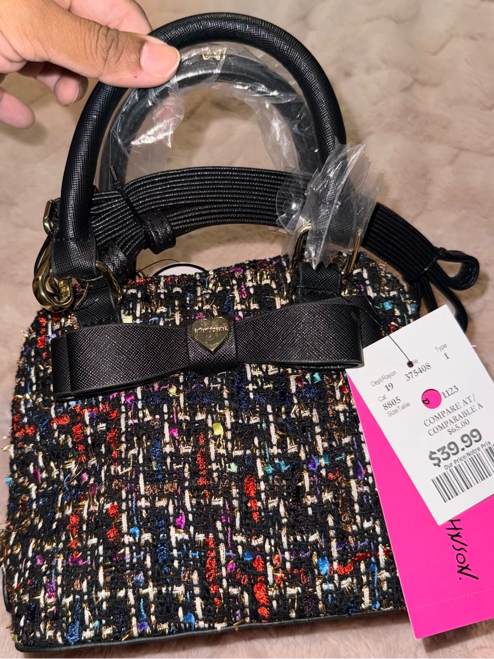 Betsey Johnson Accent Tweed Satchel Handbag - Black Multicolor